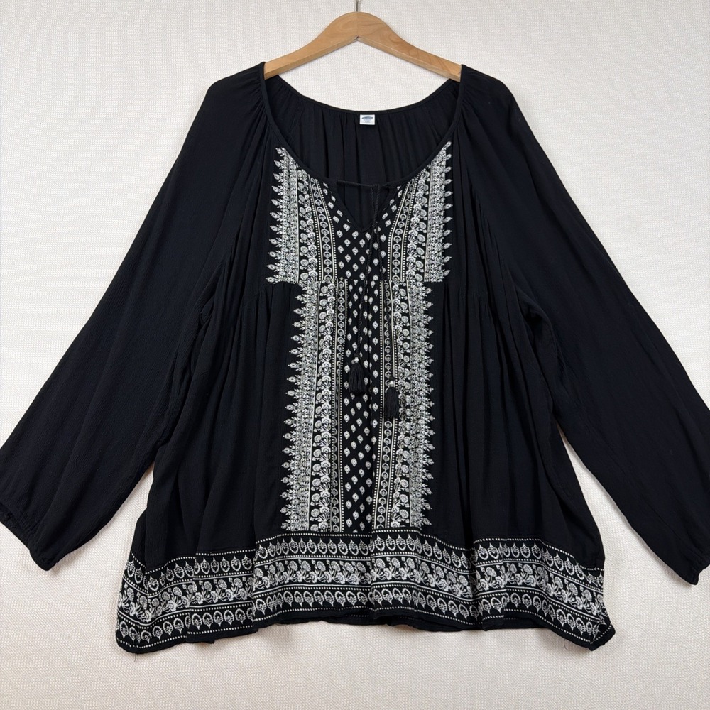 Old Navy V-Neck Gauzy Blouse Top Women XXL Black Tassel Tie Boho Peasant *Defect